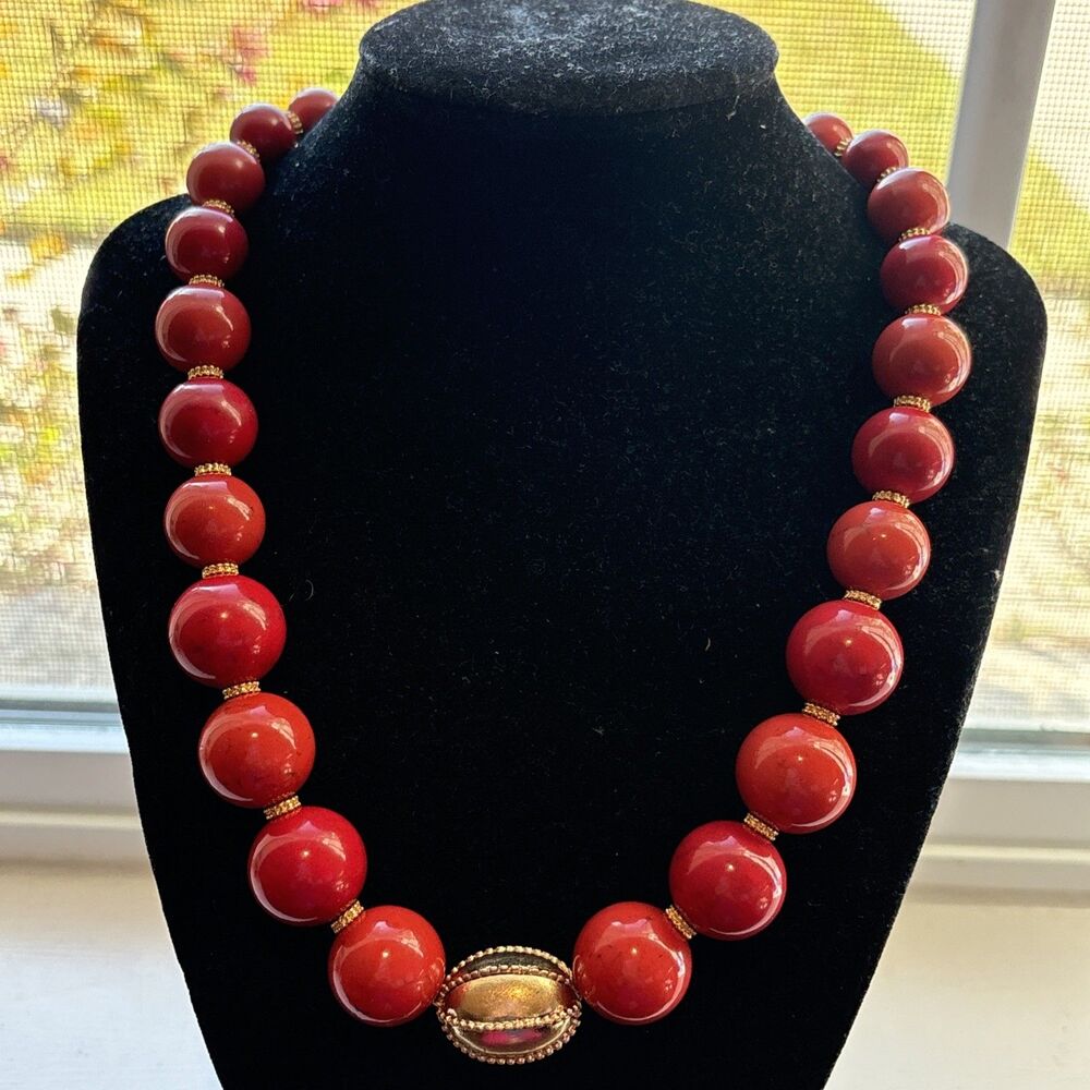 Spectacular Vintage Necklace Red/Coral Colored Gold Tone Spacers 18”